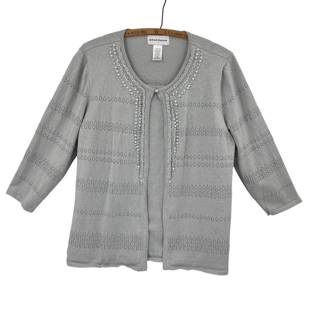 Alfred Dunner Stunner Cardigan Large Silver Open-Front With Pearls & Chains